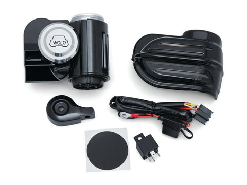 Super Deluxe Wolo Bad Boy Air Horn Kit with Black Cover. Fits Big Twin 1992up & Sportster 1992-2021 with Stock Cowbell Horn. - Bobber Daves Custom Cycles